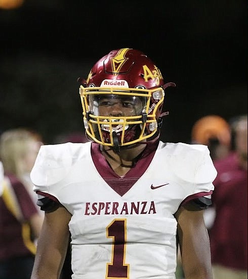 Jermaine Burrell wearing his football uniform for Esperanza High School in Anaheim, California. Burrell is a recent transplant to MLHS.