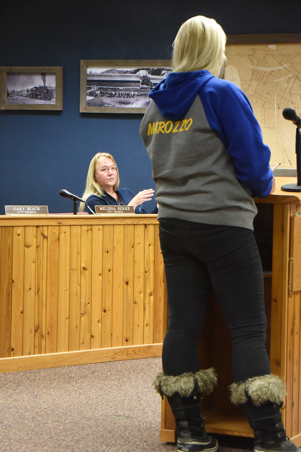 Jennifer Nelson of the Libby Zoning Commission discusses the municipality's draft retail cannabis rules as they pertain to the two commercial districts on Feb. 28. (Derrick Perkins/The Western News)