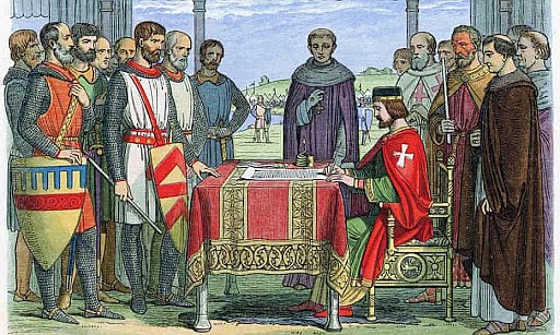 A woodcut from 1864 depicts King John and the barons signing the Magna Carta at Runnymede in 1215 — Oxford’s Bodleian Library has four copies.