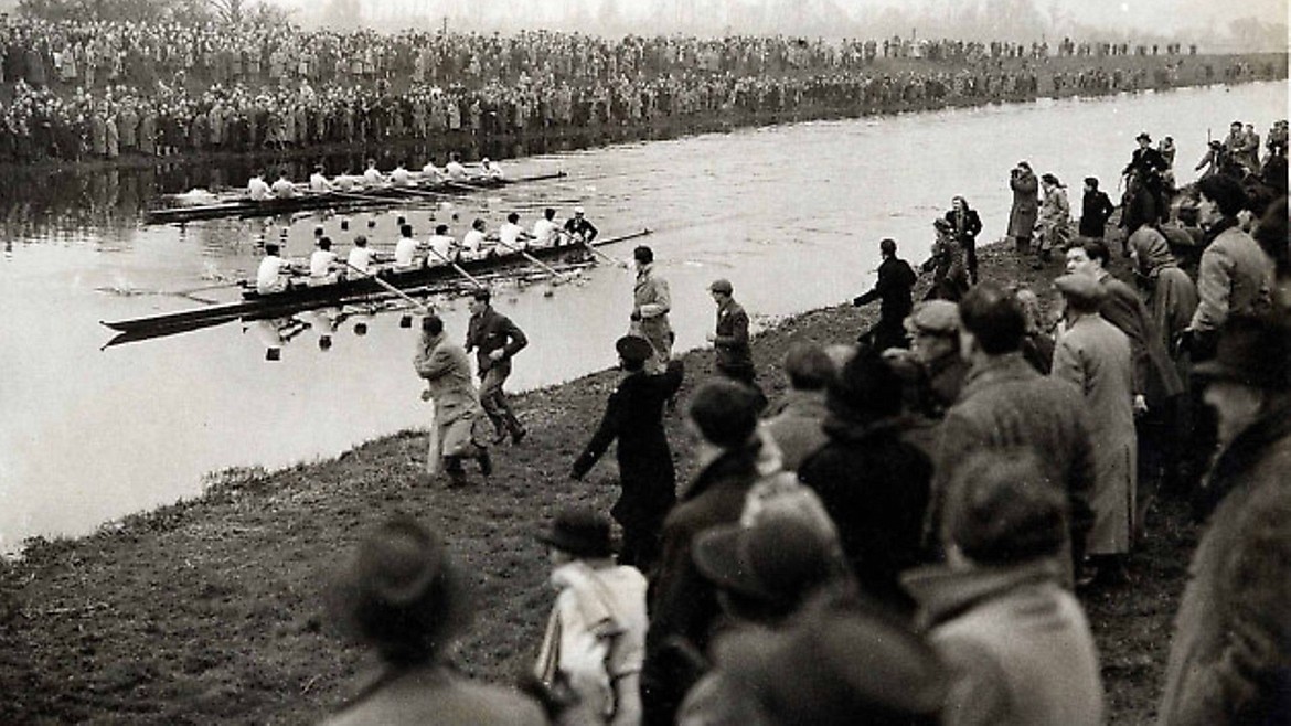A big event at Oxford is the annual boat race against Cambridge on a 4.2-mile course; this photo taken during World War II at Ely on the River Great Ouse near Cambridge on a shortened course and won by Oxford (1944).