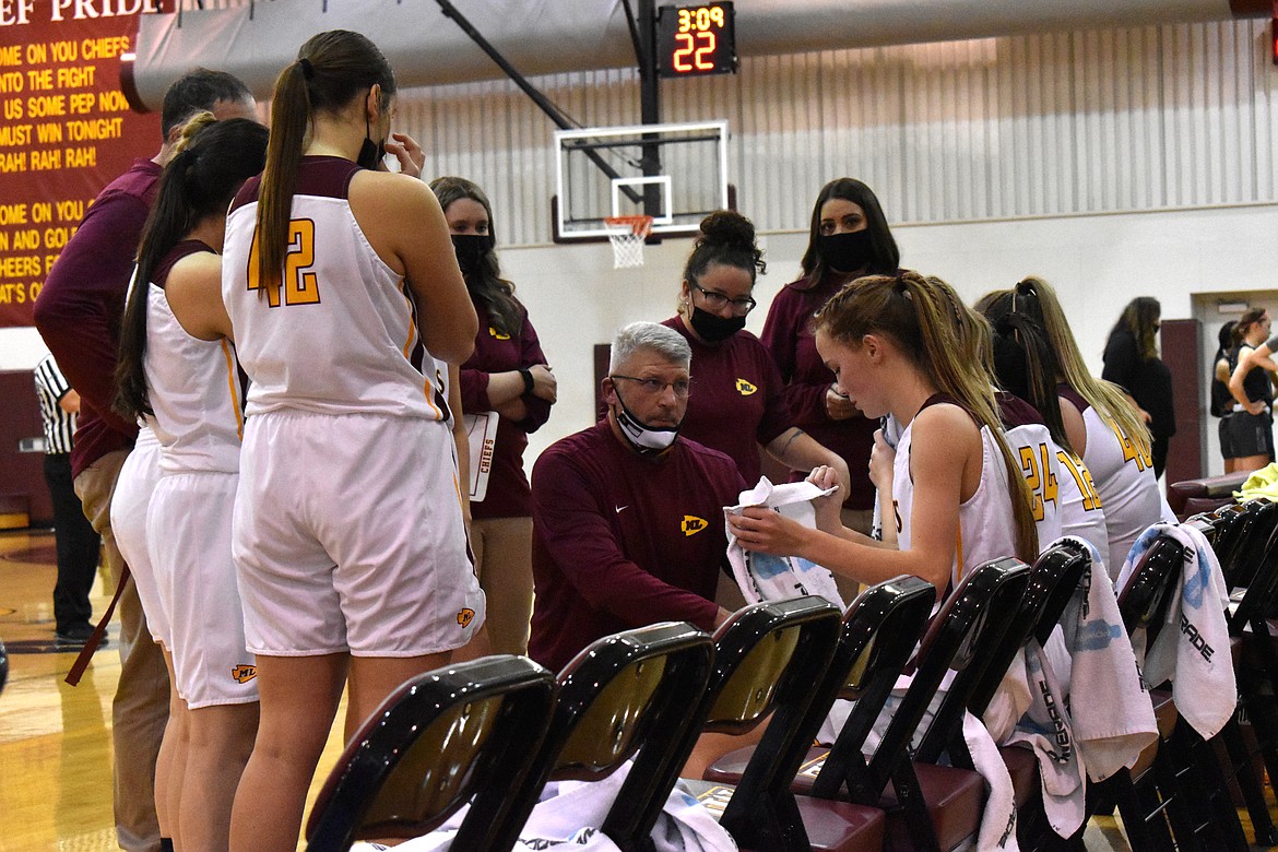 Moses Lake High School girls basketball head coach Matt Strophy talks to his team during the matchup against Chiawana High School on Dec. 3.