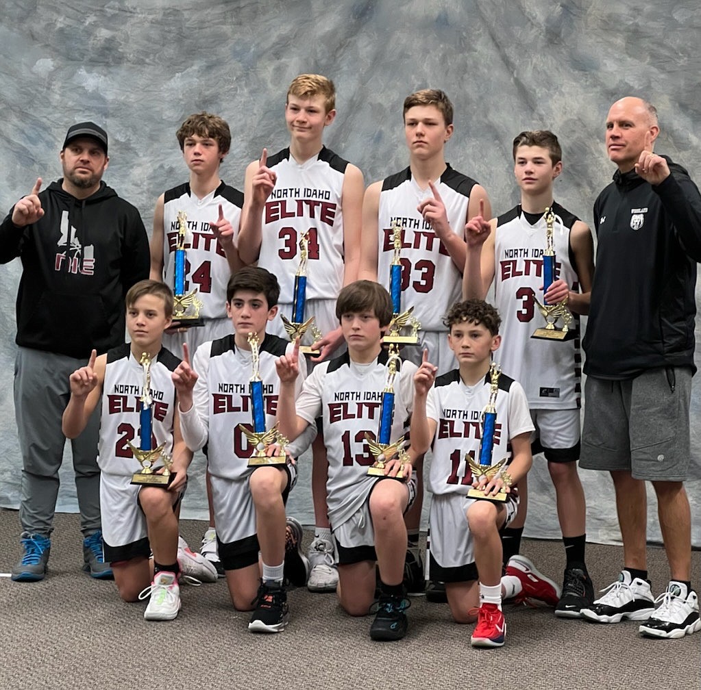 Courtesy photo
The North Idaho Elite seventh-grade AAU boys basketball team defeated the Spokane Eagles 53-45 to win the Spokane AAU championship at West Valley High School. North Idaho Elite finished the season 12-0. In the front row from left are Maddox Lindquist, Wyatt Carr, Ben McElvany and Brett Johnson; and back row from left, coach Mike Lindquist, Ryan Salsbury, Jordan Carlson, Marek Parson, Britton Johnston and coach Royce Johnston.