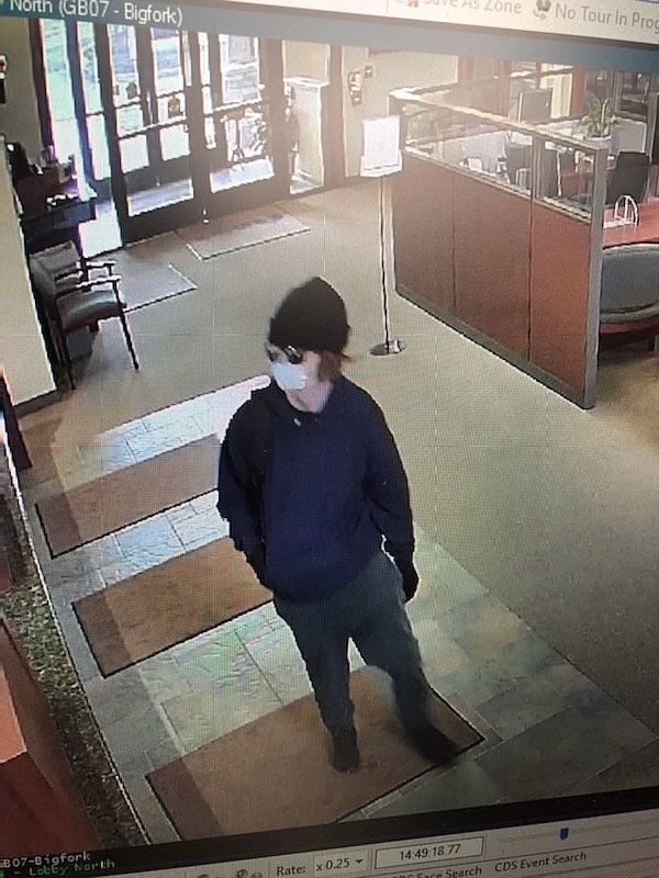 A security camera image from the Flathead County Sheriff's Office shows the alleged suspect of an armed bank robbery in Bigfork on Tuesday, March 1.