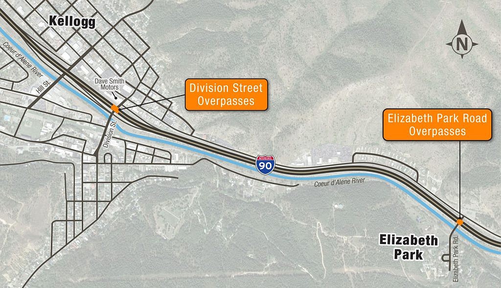 The Idaho Transportation Department will begin replacement of the Interstate 90 overpasses at Division Street and Elizabeth Park Road next Monday, or the following Monday, to improve safety.