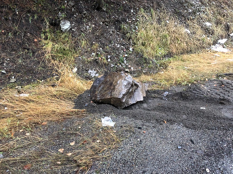 One of the many large rocks that has fallen onto Interstate 90 near milepost 67 that has caused so much trouble. Falling rocks pick up speed when falling down the nearby hillside trench and have been known to be launched onto the roadway.