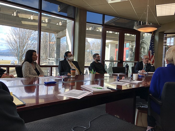 From left: Juli Smith from Sen. Mike Crapo's office; Mike Fong, SBA Region 10 Administrator; Nicholas Rosen, STCU and Rathdrum Chamber of Commerce board member; Joel Nania, SBA Spokane Branch Office Manager; and Terri Seymour from Congressman Russ Fulcher's office, meeting at the Coeur d'Alene Chamber of Commerce.