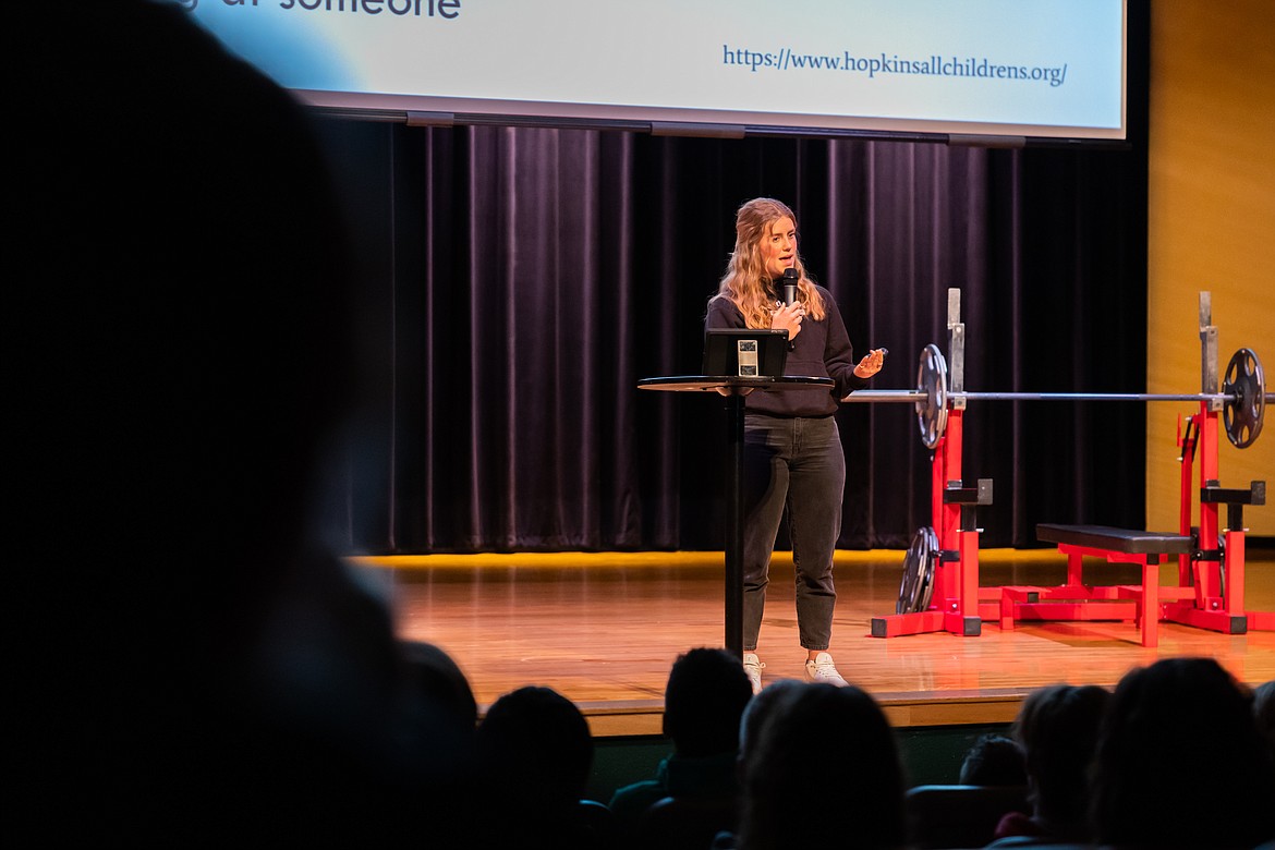 Teigan Avery, whose father Glacier High School counselor Jerad Avery died by suicide in 2019, shares her story Wednesday evening during the Character Conference 2022 at the high school. The event was aimed at reaching those who are struggling with mental health offering tangible ways to get through difficult times in their lives. (Photo courtesy Justin Kauffman)