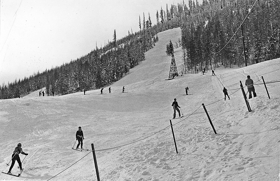 Skiers used a rope tow at Signal Point Ski Resort in the early 1950s.