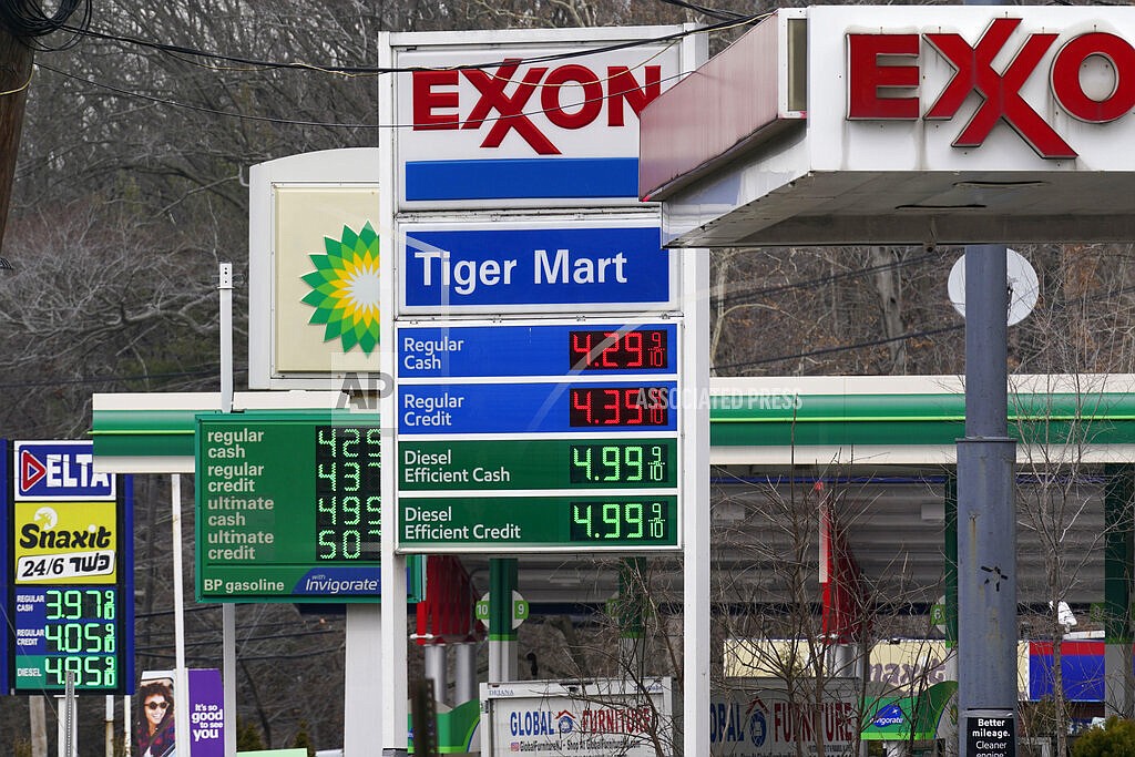 Gas prices are displayed at gas stations in Englewood, N.J., Monday, March 7, 2022. Gasoline prices are pushing even farther above $4 a gallon, the highest price that American motorists have faced since July 2008, as calls grow to ban imports of Russian oil. (AP Photo/Seth Wenig)