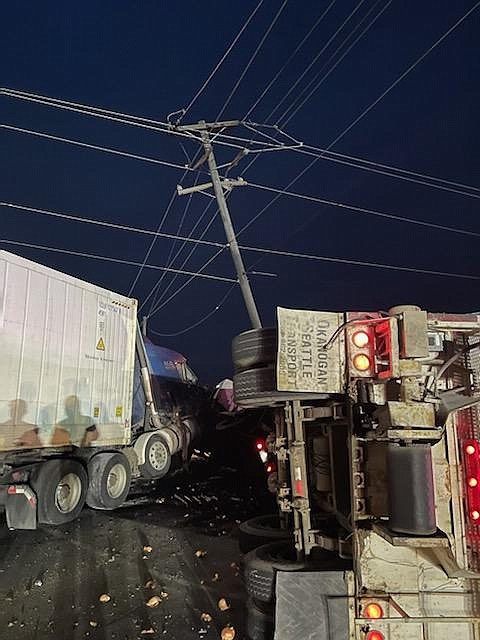 Two tractor trailers, one carrying potatoes and the other hauling onions, collided at the intersection of S.R.26 and Beverly Burke Road west of Royal City. Around 350 Grant County Public Utility District customers lost power as a result of the 5 a.m. accident, but saw their power restored by about 9:30 a.m.