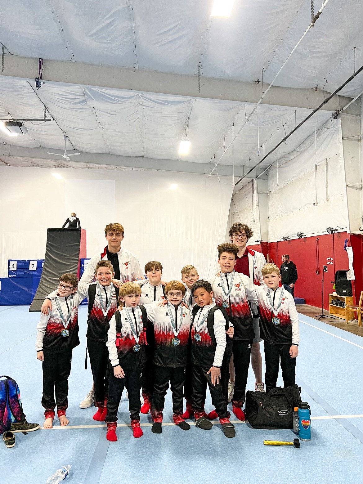 Courtesy photo
Avant Coeur Gymnastics Boys Level 3s and 4s took 2nd Place Team at the Tri-State Challenge in Missoula, Mont. In the front row from left are Owen Wilcox, Paxton Wengeler and Preston Pool; second row from left, Ramon Brown, Blaide Cotten, Carson Kenny, Caleb Wagner, Felipe McAllister and Nik Gwin; and back row from left, coach Jon Winkelbauer and coach Matt Auerbach.