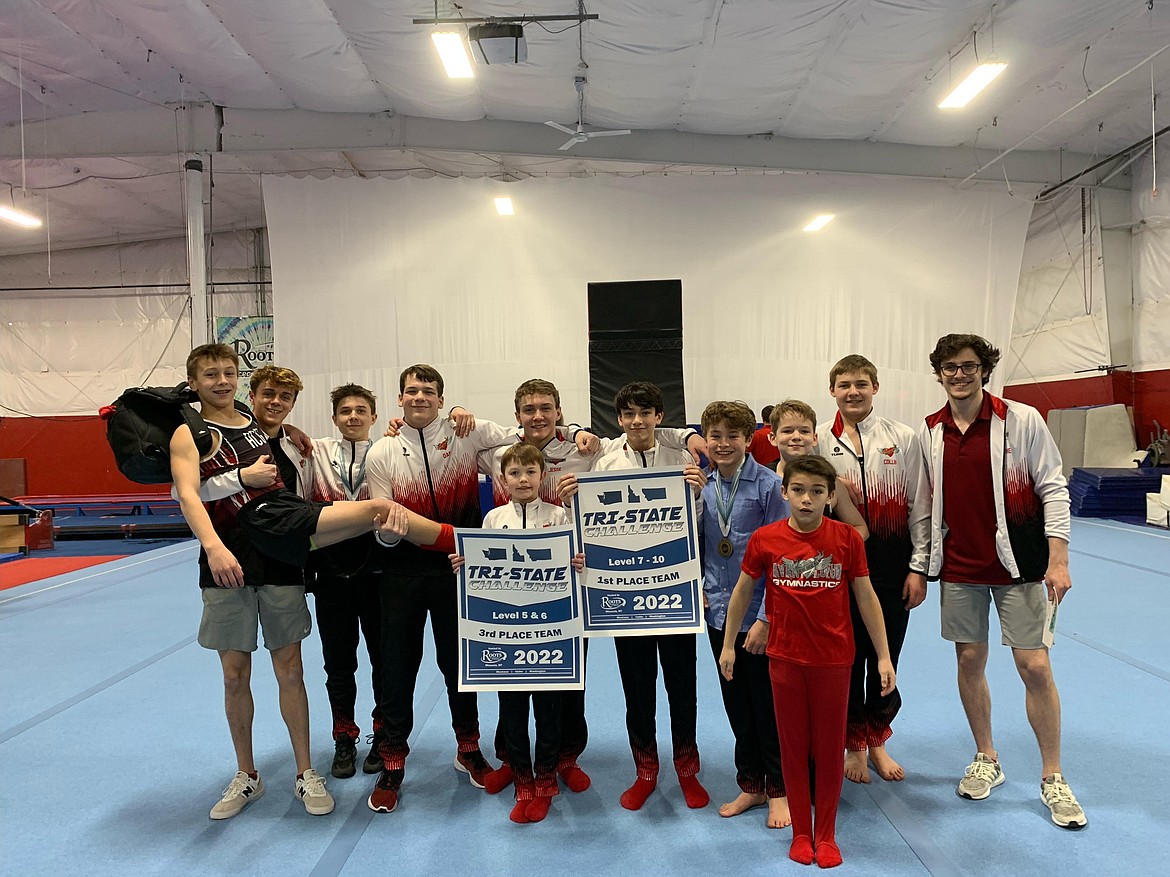 Courtesy photo
Avant Coeur Gymnastics Boys Level 7-10s took 1st Place and Level 5s took 3rd at the Tri-State Challenge in Missoula, Mont. In the front is Dylan Coulson; second row from left, Nathan Cohen, Lance Mosher and Hudson Petticolas; and back row from left, Conan Tapia, coach Jon Winkelbauer, Caden Severtson, Daniel Fryling, Jesse St Onge, Grayson Mcklendin, Collin Scott and coach Matt Auerbach.