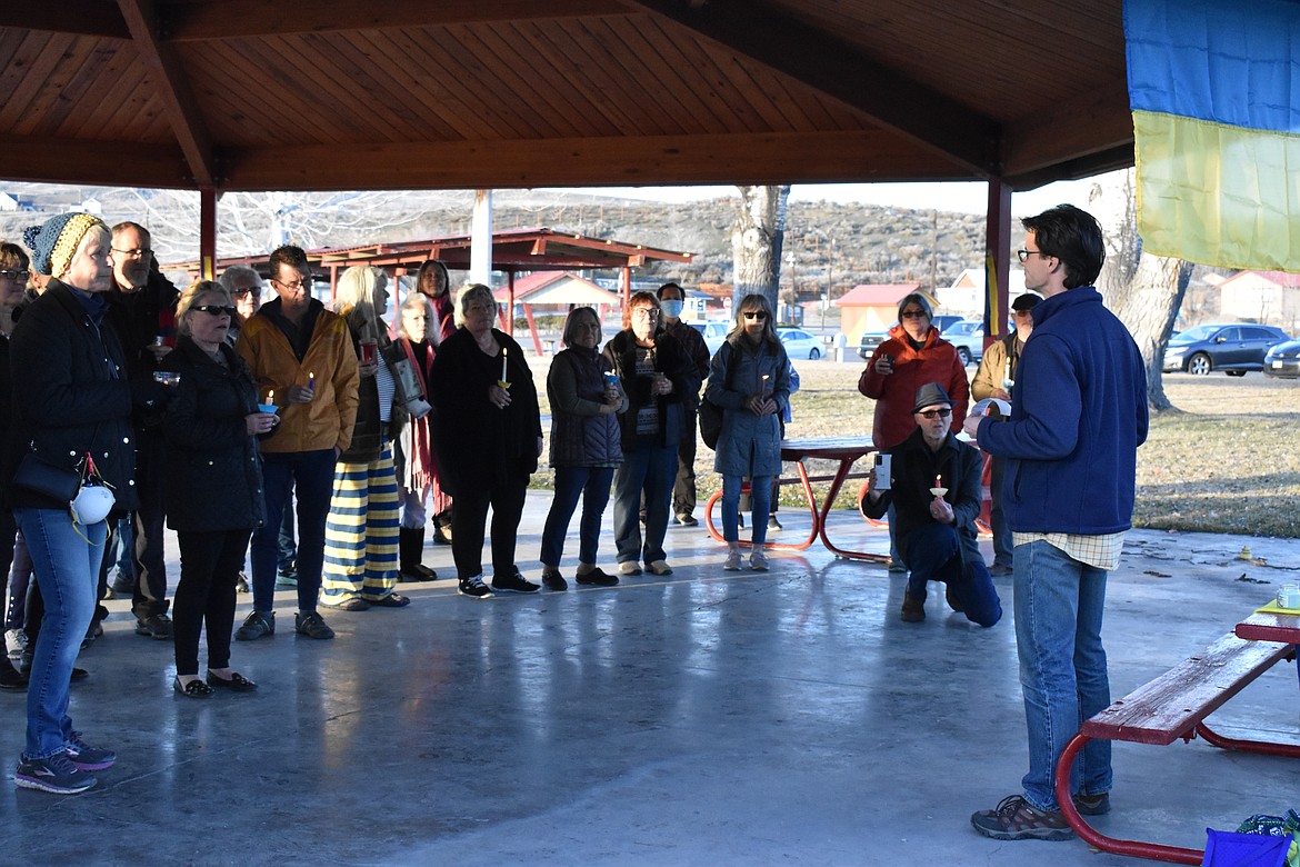 Soap Lake Mayor Alex Kovach read a proclamation showing support for the Slavic community on behalf of the Soap Lake City Council at the vigil on March 6.