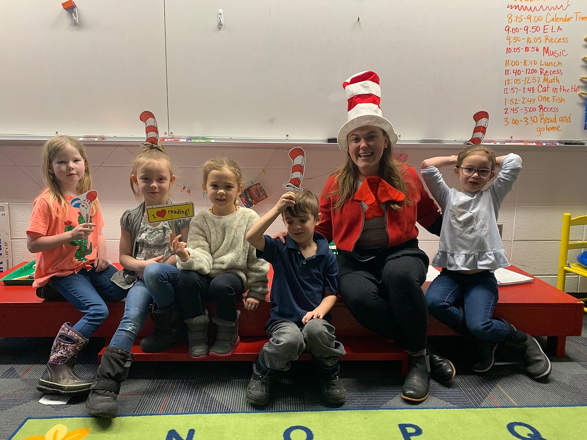 Noxon Schools kindergarten class Emmi Bosker, Kloe Kair, Lena Oldenburg, Nathan Stevens, Mrs. Swanson and Sadie Peterson participate in Dr. Seuss Day at the school. (Photo provided)