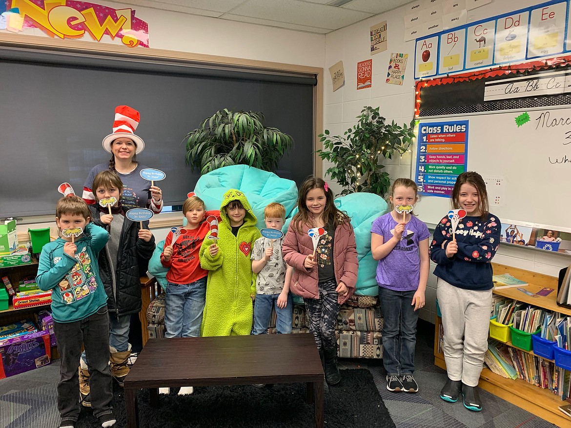 Noxon third-graders Judah Dulaney, Gabriel Pederson, Micah Hartman, Caz Zeretzke, Finn Bosker, Breyah Torrey, Kilah Brown and Mrs. Miller on Dr. Seuss Day. (Photo provided)