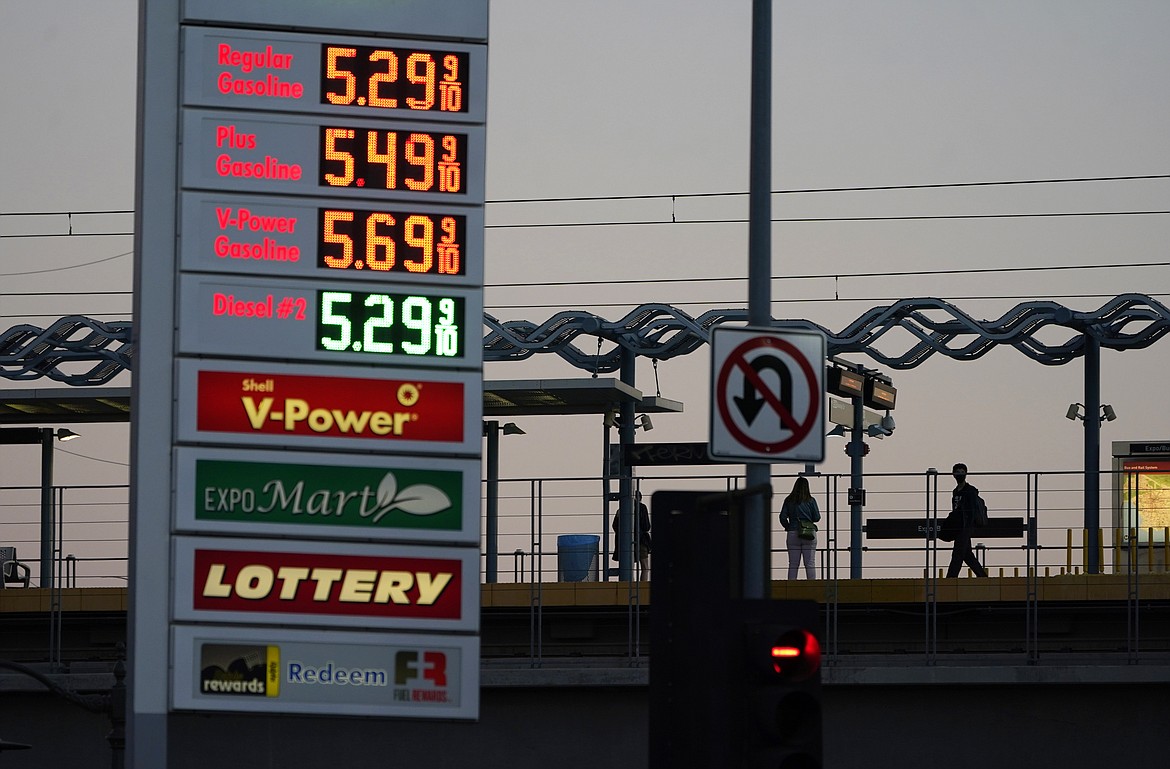 Gas prices are advertised at over five dollars a gallon, Feb. 28, 2022, in Los Angeles.(AP Photo/Marcio Jose Sanchez)