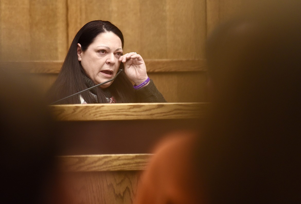 Michelle Wungluck, the mother of Amanda Hillious, addresses the courtroom during Bradley Jay Hillious' sentencing hearing in Flathead District Court on Tuesday, March 8. (Matt Baldwin/Daily Inter Lake)