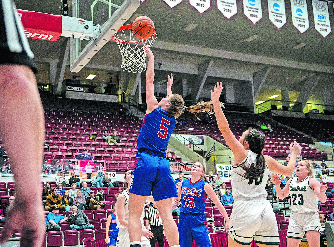 Columbia Falls senior Maddie Robison sinks a layup against Billings Central. The Rams beat Columbia Falls 65-30 on Wednesday at the State A basketball tounrament in Missoula. (JP Edge/Hungry Horse News)