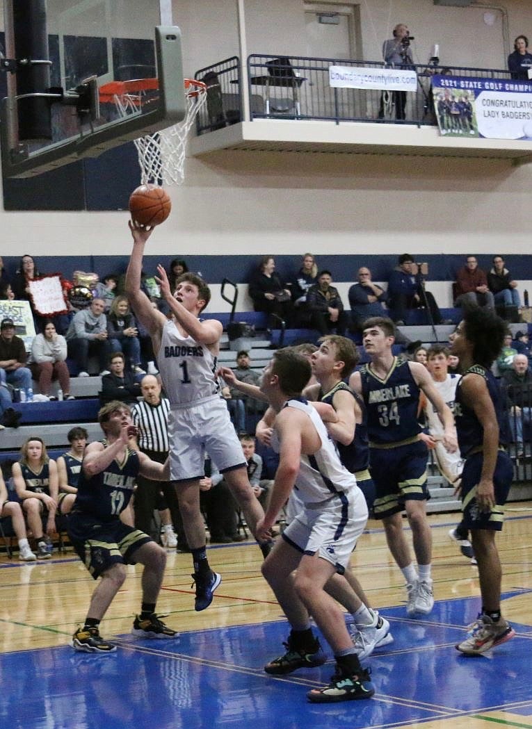 Ridge Williams going up for a lay-in. At the 3A state tournament, Williams was named an "honorable mention" by IdahoSports.com.