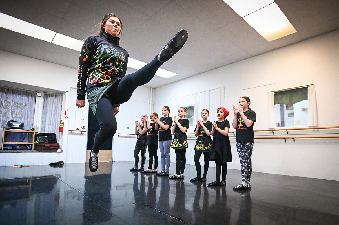 Director Claire Gutschenritter, left, leads a rehearsal at An Daire Academy: Flathead Valley Irish Dance held at the Northwest Ballet School and Company in Kalispell on Wednesday, March 9. (Casey Kreider/Daily Inter Lake)