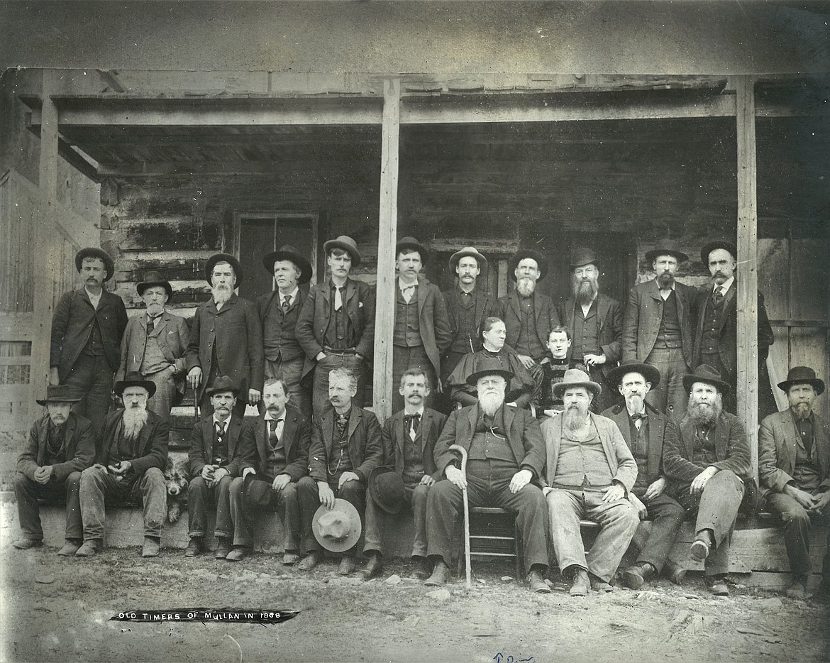 Judge Burd Pott is the man with the white beard and cane in this 1888 photo. Mullan Old Timers that may be in the photo are: Willian Daxon, Howard Burns, Lon Headrick, JA Glowe, CC Earle, James Ingles, John Jutila, Elmer Elfers, Ed Lettrick, James Conner, Charles Fridstead, John Gaffney, Dan Murray, GW March, WY Clubb and Rory Mcleod.