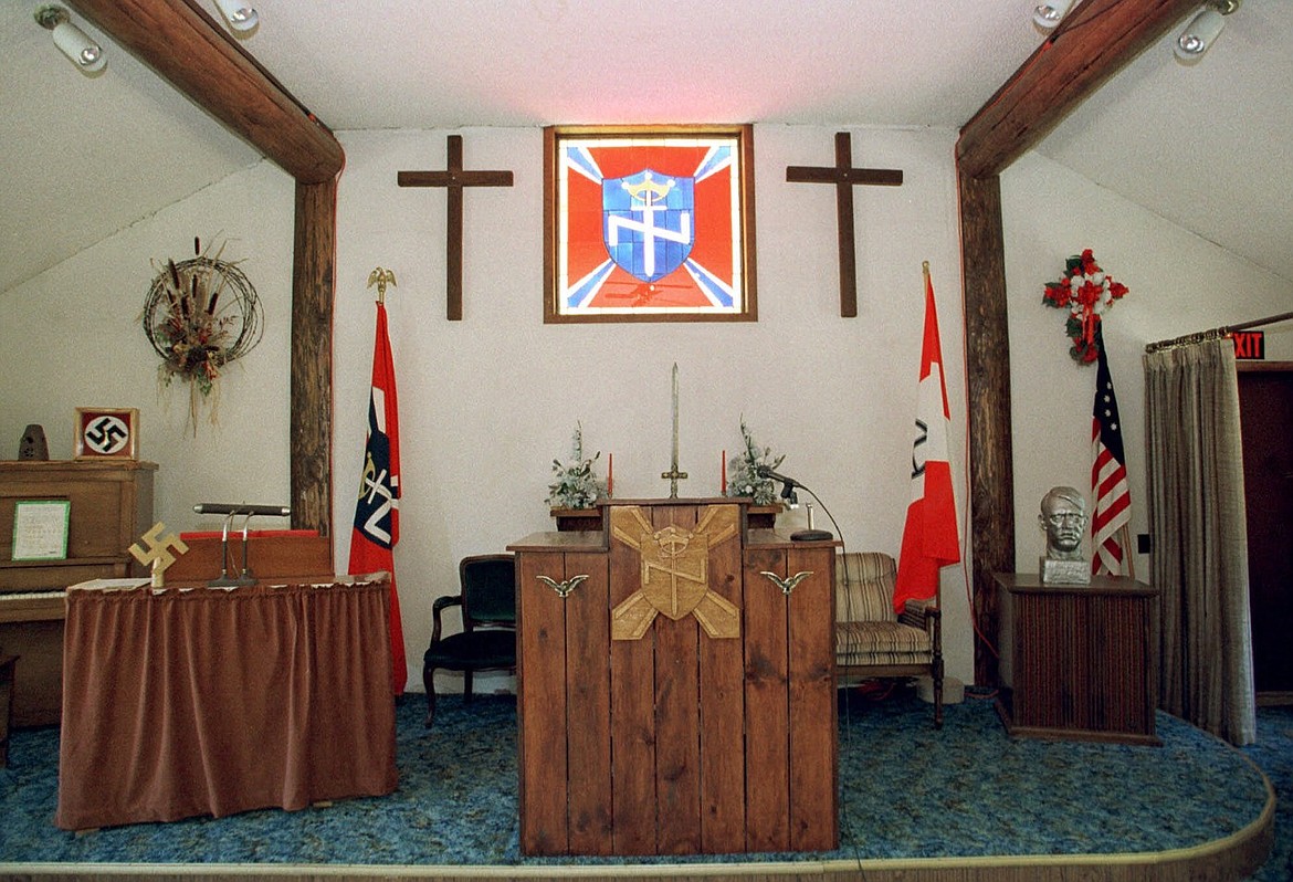 The interior of the Aryan Nations’ Church of Jesus Christ-Christian on the group’s compound at Hayden Lake.