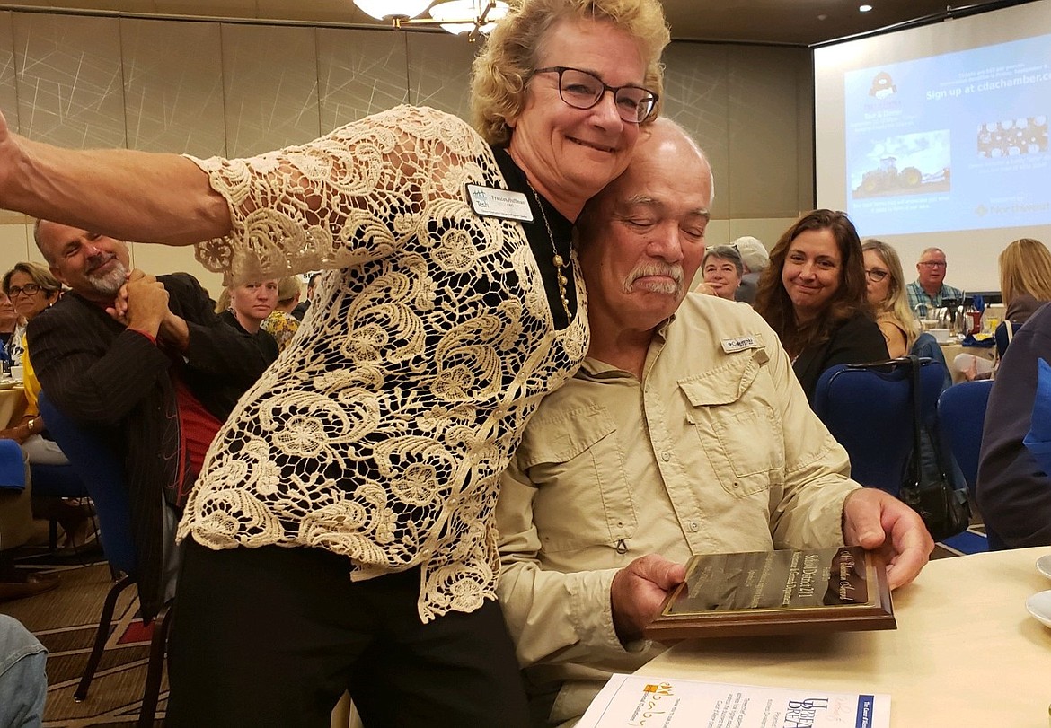 Bryan Martin with former TESH chief executive officer Frances Huffman, after the Coeur d'Alene Public Schools Maintenance and Grounds Department received the A+ Award from the Education Committee of the Coeur d'Alene Regional Chamber, on Sept. 11, 2019.