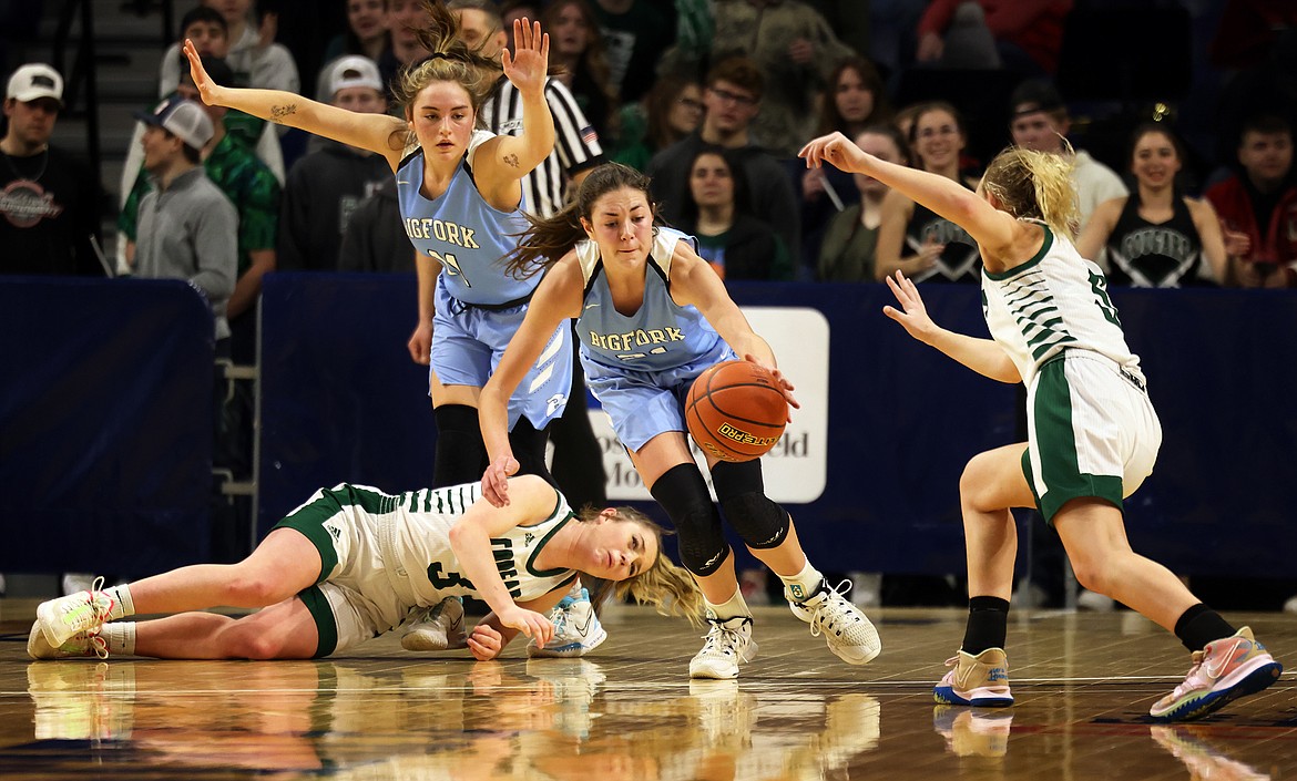 Bigfork's Braeden Gunlock comes up with a steal in the Valkyries 48-44 win over Columbus at the Class B state basketball tournament Friday. (Jeremy Weber/Daily Inter Lake)