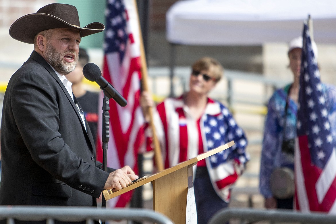 Far-right activist Ammon Bundy speaks to a crowd of about 50 followers in front of the Ada County Courthouse in downtown Boise, Idaho, April 3, 2021. Bundy, who's running for governor in Idaho, has been arrested after refusing to leave a hospital in connection with a child-welfare case, police said Saturday, March 12, 2022. Bundy was arrested at about 1:15 a.m. on suspicion of misdemeanor trespassing at St. Luke's Meridian Medical Center in Meridian, west of Boise, the Idaho Statesman reported. (Darin Oswald/Idaho Statesman via AP, File)