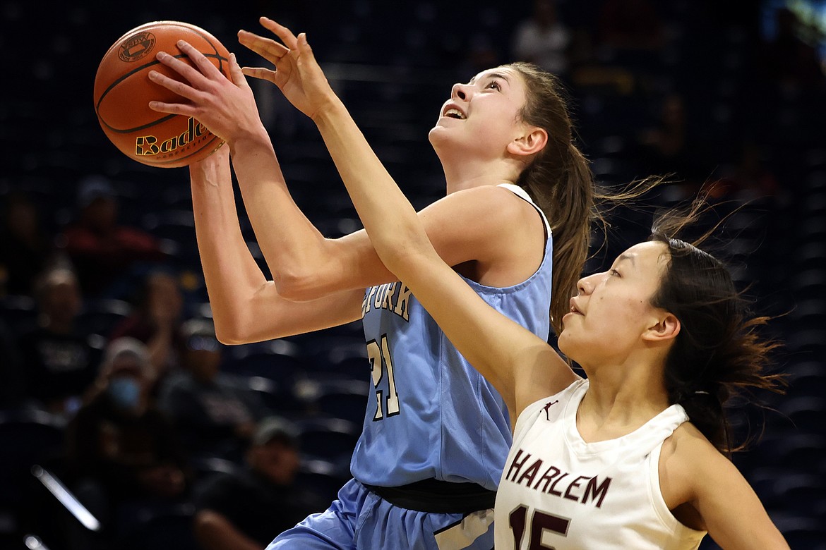 Bigfork's Braeden Gunlock goes up for two of her 21 points in the Valkyries win over Harlem in the Class B state consolation semifinals Saturday morning in Bozeman. (Jeremy Weber/Bigfork Eagle)