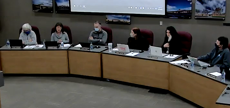 Moses Lake School Board Member Shannon Hintz (second from left) spoke about the mascot issue at a school board meeting Thursday. Hintz said parents, students and district residents have no choice but to accept the “no” from the Colville Business Council on the district’s Native American mascots. Pictured from left to right are directors Susan Freeman, Hintz and Kevin Fuhr, Interim Superintendent Carole Meyer and directors Alana DeGooyer and Paul Hill.