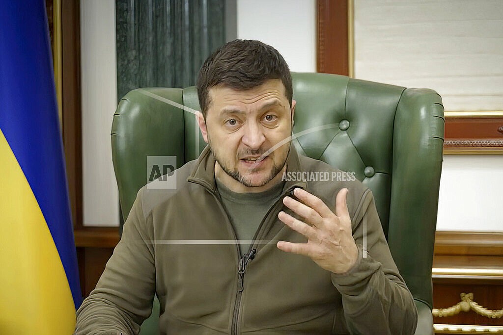 In this image from video provided by the Ukrainian Presidential Press Office and posted on Facebook early Saturday, March 12, 2022, Ukrainian President Volodymyr Zelenskyy speaks in Kyiv, Ukraine. (Ukrainian Presidential Press Office via AP)