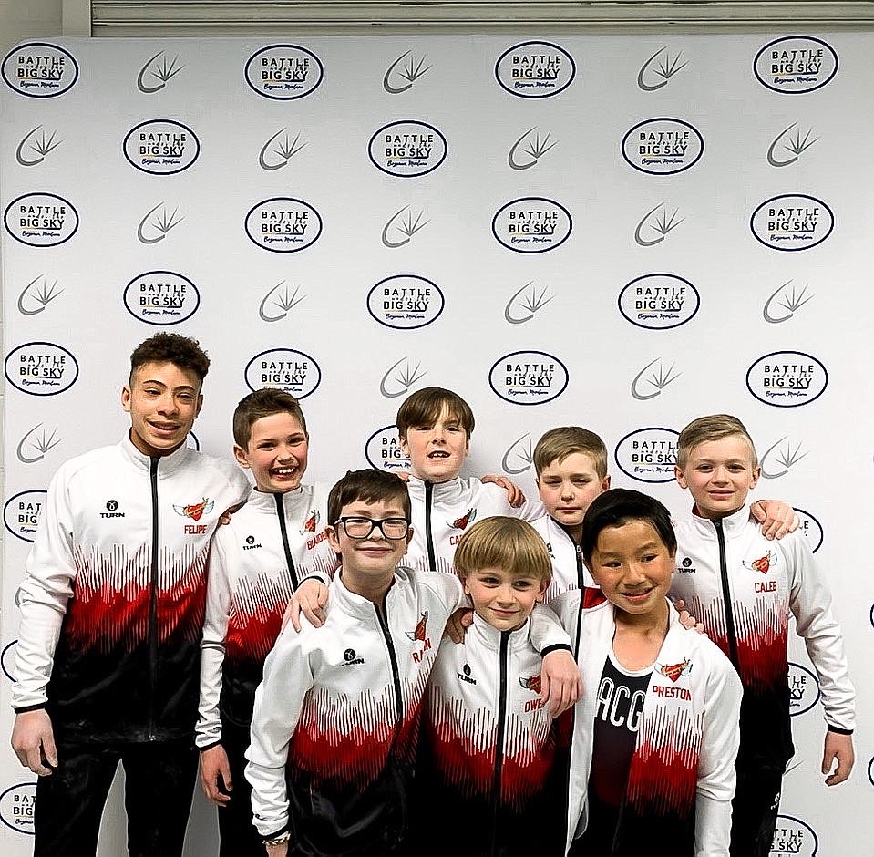 Courtesy photo
Avant Coeur Gymnastics boys Level 3s and 4s take 4th Place Team at the Battle Under the Big Sky in Belgrade Mont. In the front row from left are Ray Brown, Owen Wilcox and Preston Pool; and back row from left, Felipe McAllister, Blaide Cotten, Carson Kenny, Nik Gwin and Caleb Wagner.