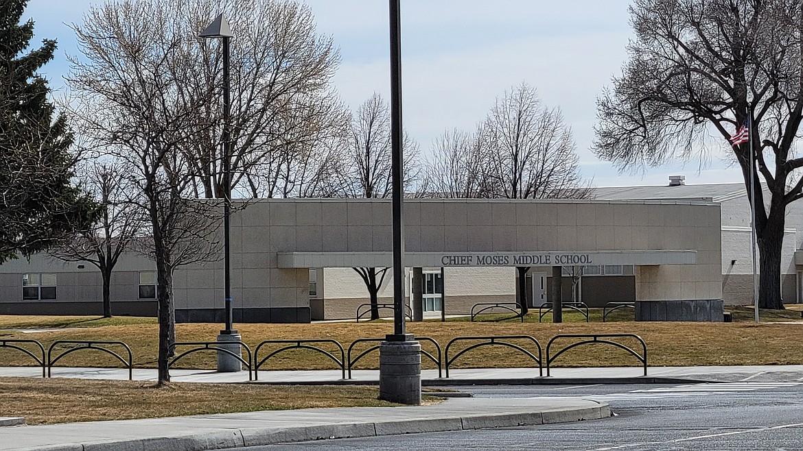 The main entrance to Chief Moses Middle School, where a student was arrested on Monday in possession of a handgun and two magazines of ammunition.