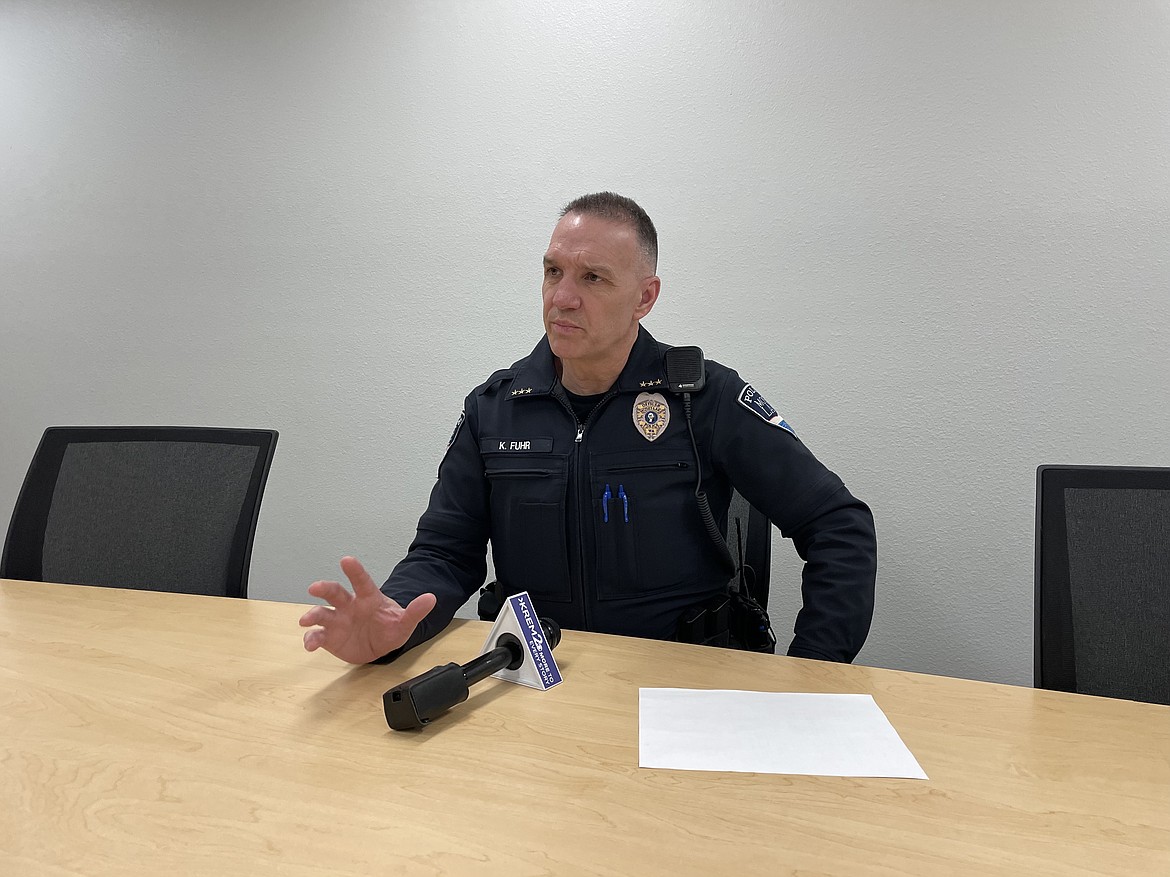 Moses Lake Police Chief Kevin Fuhr speaking at the Moses Lake School District offices on Monday following the arrest of an eighth-grader at Chief Moses Middle School. The student was arrested for possessing a handgun, two loaded magazines of ammunition and a list of potential targets.