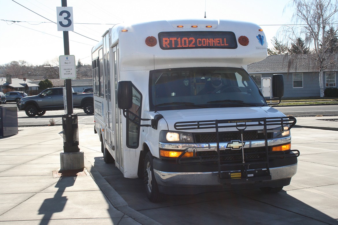 At the start of its route to Tri-Cities, the People for People bus waits for passengers at the Grant Transit Authority Multimodal Transit Center in Moses Lake Tuesday.