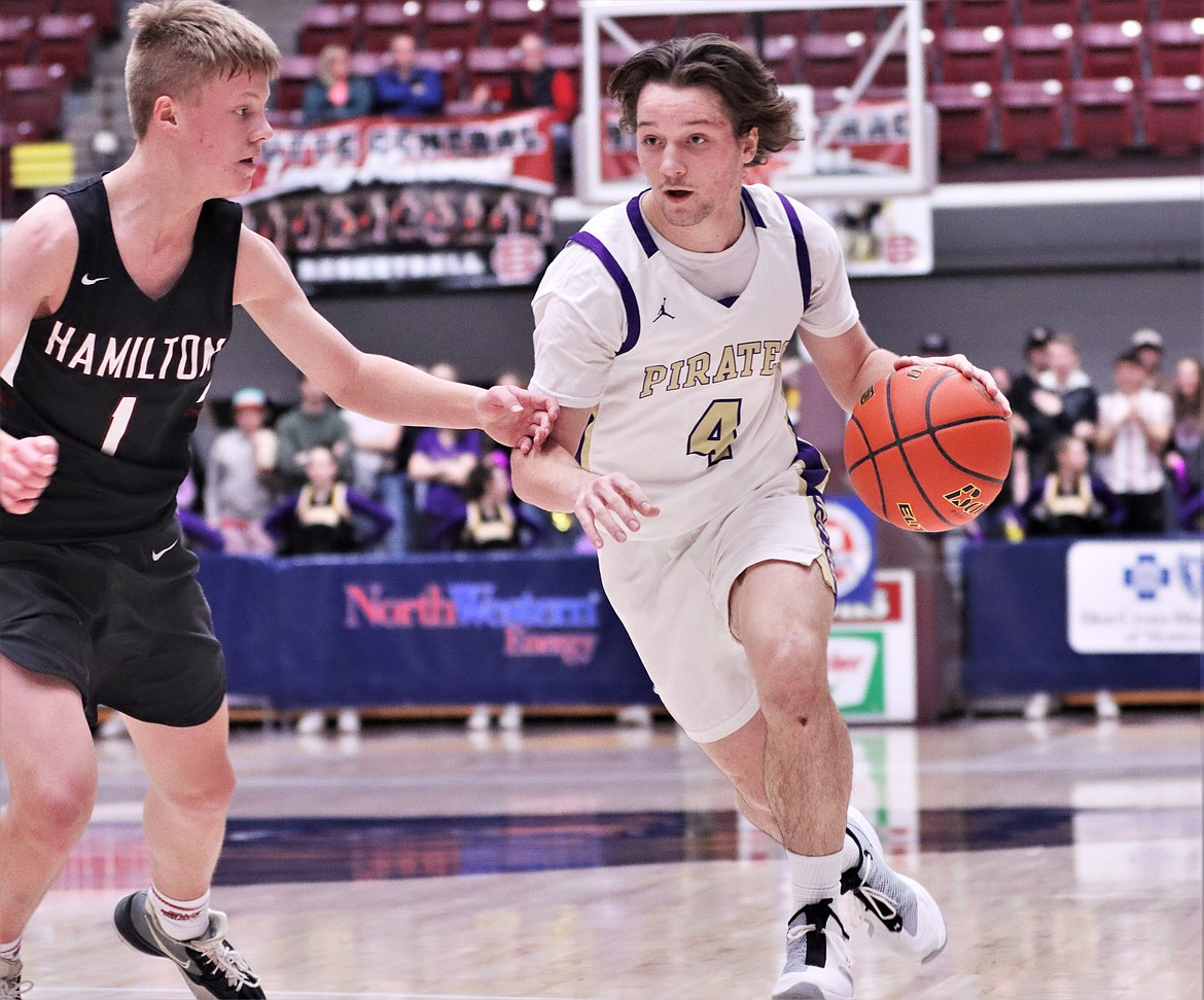 Polson guard Xavier Fisher heads upcourt during Saturday's third-place game against Hamilton at the class A state tournament in Missoula. (Courtesy of Niki Graham)