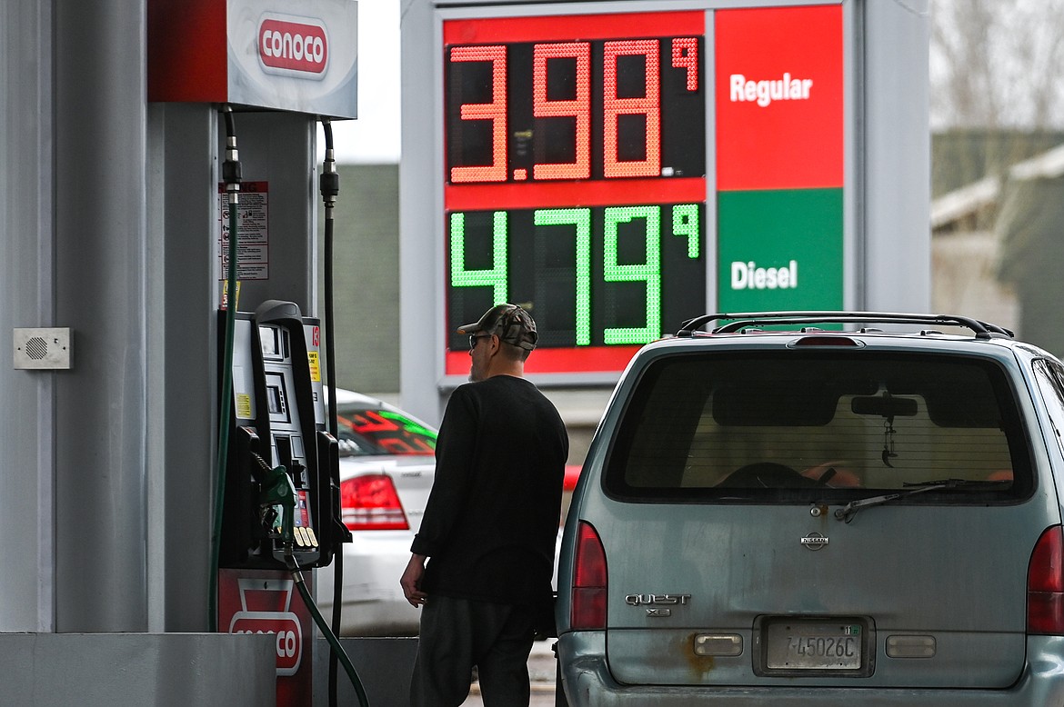 A motorist fuels up at a gas station in Evergreen on Wednesday, March 16. (Casey Kreider/Daily Inter Lake)