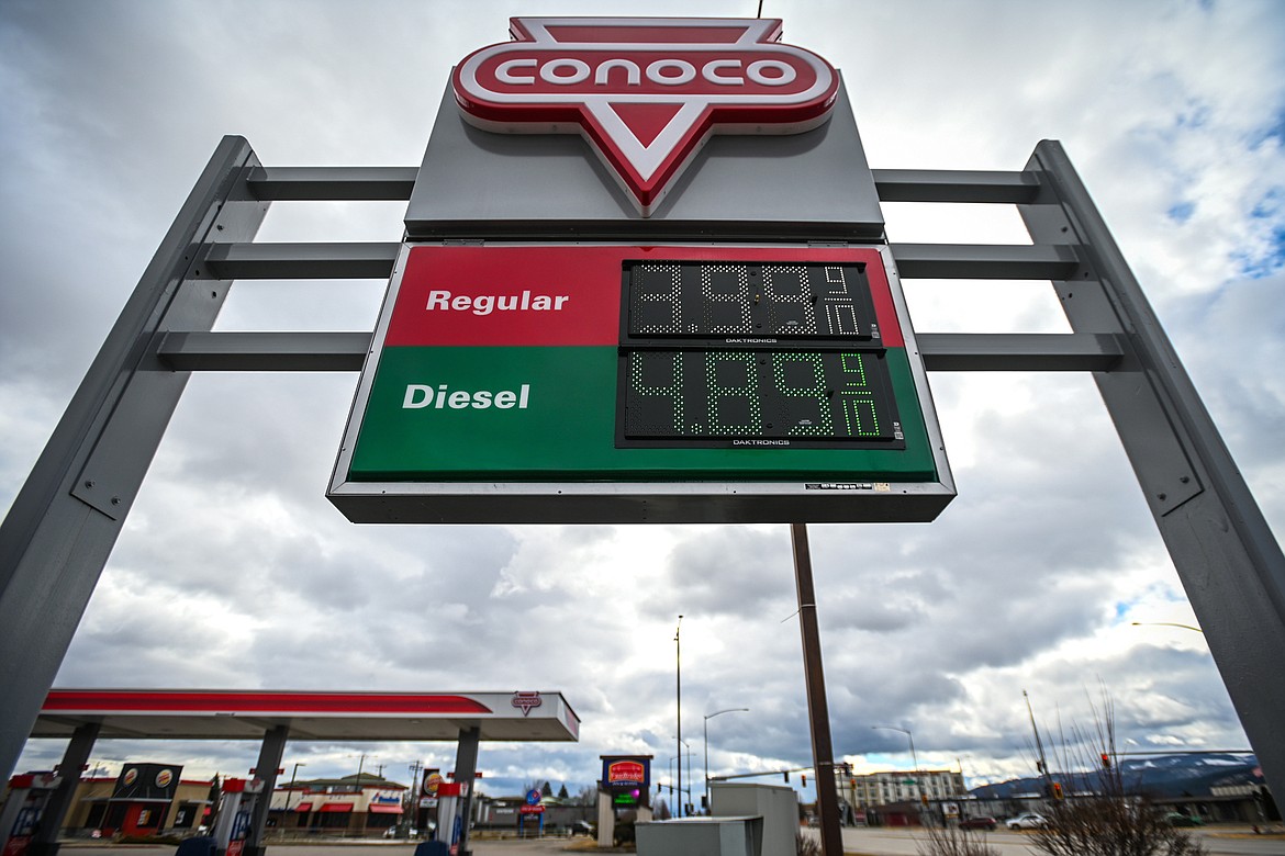 Gas prices are listed at a Conoco station in Kalispell on Wednesday, March 16. (Casey Kreider/Daily Inter Lake)