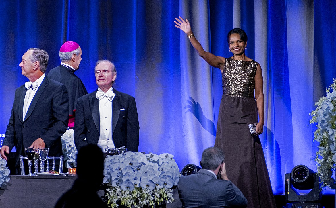 Keynote speaker, former Secretary of State Condoleezza Rice, is introduced at the 76th Annual Alfred E. Smith Memorial Foundation Dinner Thursday, Oct. 21, 2021, in New York. (AP Photo/Craig Ruttle)