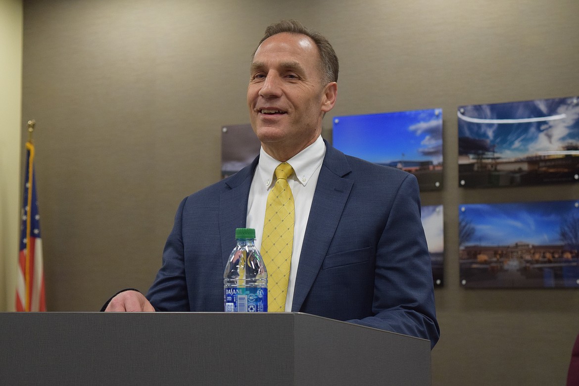 Monty Sabin, current assistant superintendent for operations in the North Thurston School District, speaking during a 45-minute long public forum Tuesday in the Moses Lake School District’s meeting room on Yonezawa Boulevard. Sabin is one of two finalists to become the MLSD’s next superintendent.