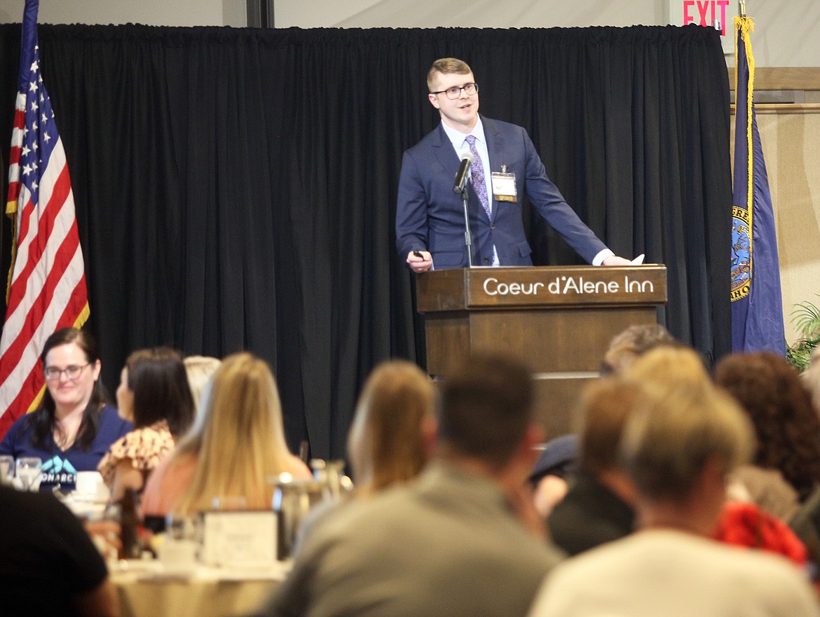 Sam Wolkenhauer, regional labor economist, Idaho Department of Labor, speaks at North Idaho Building Contractors Association meeting on Wednesday.