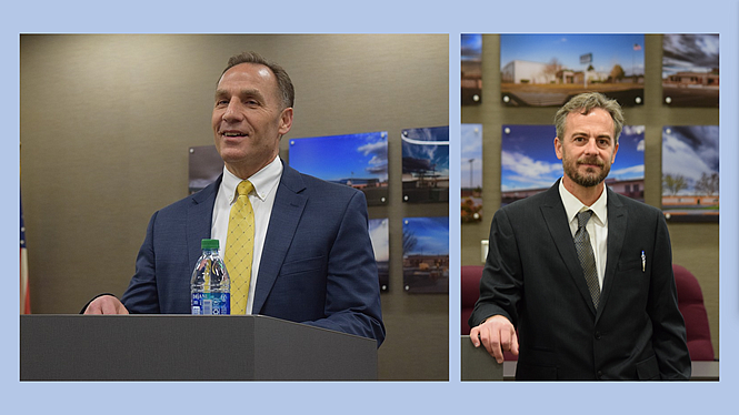 The Moses Lake School Board has offered the position of superintendent to Monty Sabin (left), former Kittitas School District chief and the current assistant superintendent for operations in the North Thurston School District. Oroville School District Superintendent Jeffrey Hardesty (right) is pictured standing in the Moses Lake School District’s meeting room Wednesday evening before a 45-minute conversation with parents and district residents. Hardesty was the second finalist vying to become MLSD’s next superintendent.