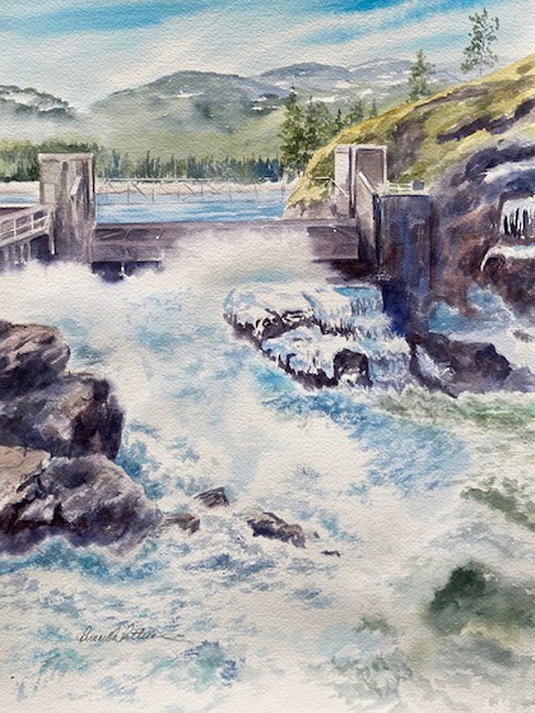 North Channel Dam, a transparent watercolor by Post Falls artist Priscilla Patterson. Photo courtesy of Priscilla Patterson