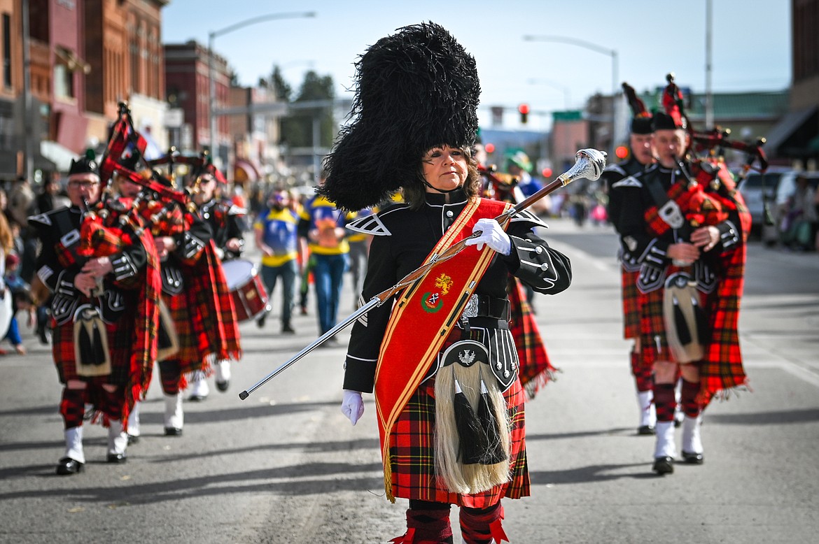 The Montana Highlanders play during the St. Patrick's Day Parade in Kalispell on Thursday, March 17. (Casey Kreider/Daily Inter Lake)