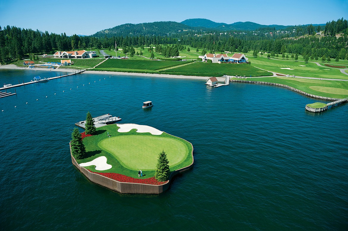 This aerial shot shows a prime destination for golfers: the Floating Green at The Coeur d'Alene Resort Golf Course.