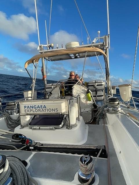 Reid Harlocker is seen here at the helm during his journey across the Pacific Ocean with Pangea Exploration.