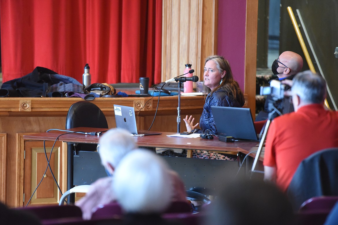 Erin Sexton, a research scientist at the University of Montana, Flathead Lake Biological Station, delivers a presentation on selenium in Lake Koocanusa on March 12. (Derrick Perkins/The Western News)