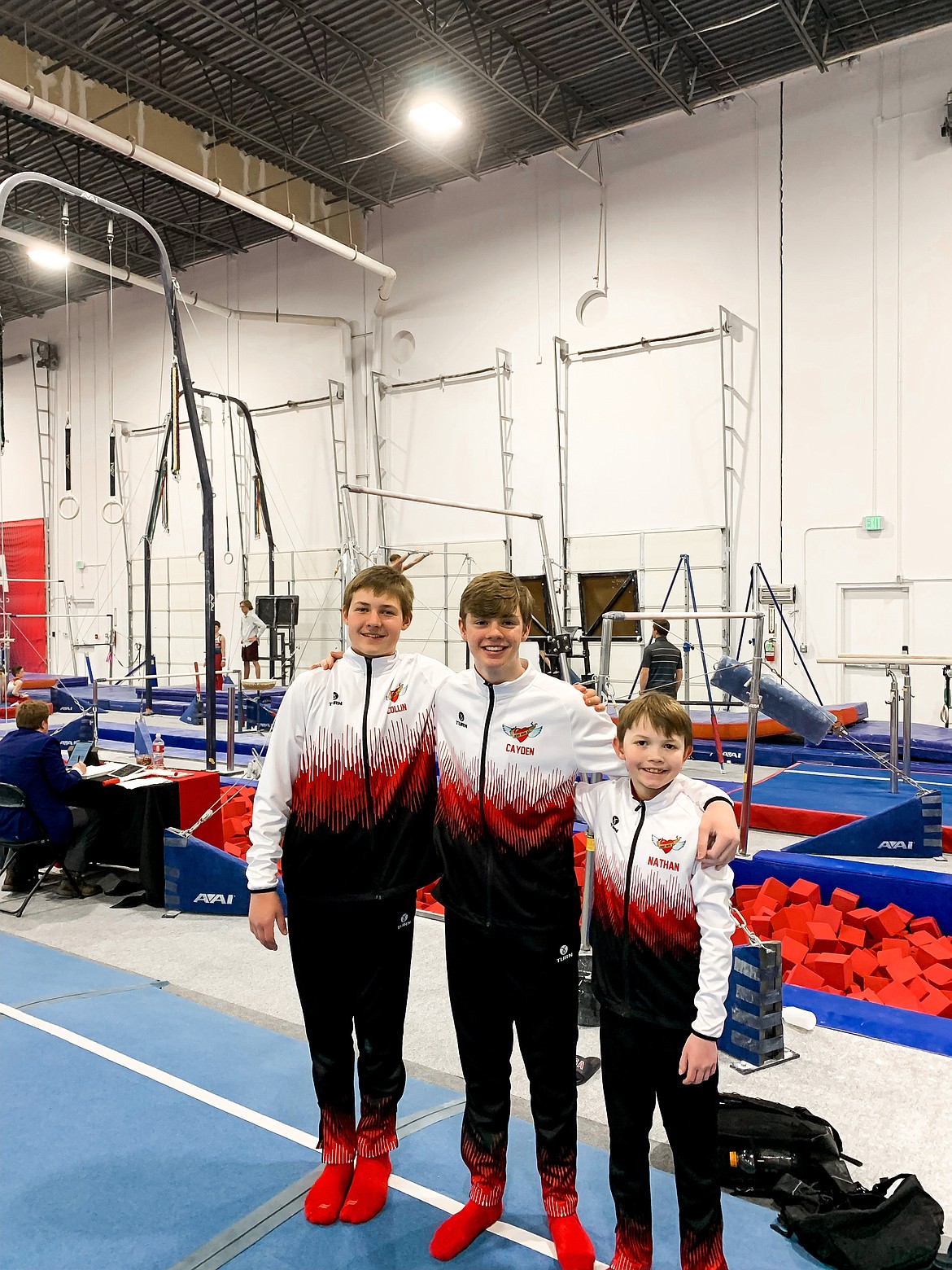 Courtesy photo
Avant Coeur boys Level 7s and 5s at the Idaho state gymnastics championships in Moscow. From left are Collin Scott, Cayden Ptashkin and Nathan Cohen.