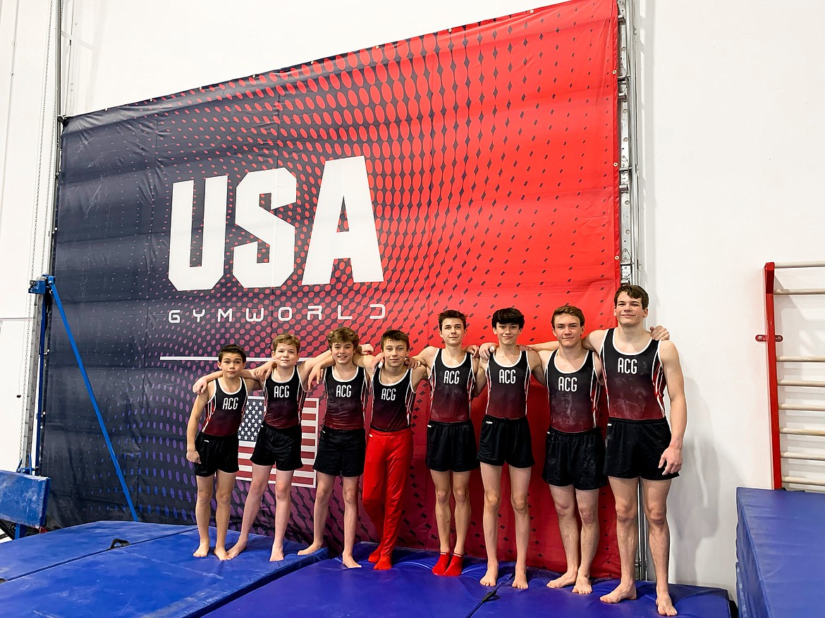 Courtesy photo
Avant Coeur boys Level 8-10s at Idaho state gymnastics championships in Moscow. Level 8s took 2nd Place Team and Level 10s took 1st Place Team. From left, Dylan Coulson, Hudson Petticolas, Lance Mosher, Conan Tapia, Caden Severtson, Grayson McKlendin, Jesse St. Onge and Daniel Fryling.